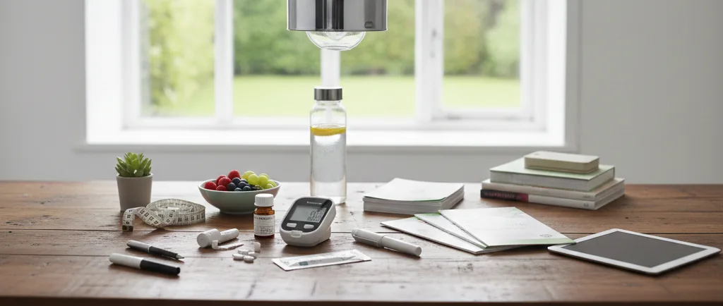 Diabetes management tools including glucose monitor, medications, and healthy food
